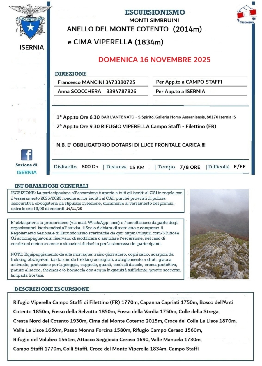 NEWS N.132 Con il CAI di ISERNIA Direzione di Escursione per l'anello del Monte Cotento e di Cima Viperella sui Monti Sinbruini