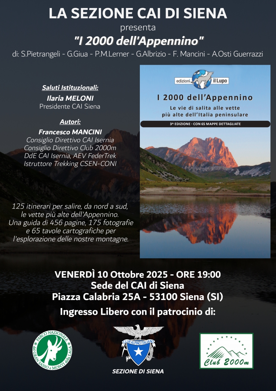 NEWS N.228 Relatore al CAI di SIENA per la presentazione de I 2000 dell'APPENNINO