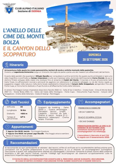 NEWS N.159 Direzione di Escursione per il CAI di Isernia con l'anello delle cime del Monte Bolza e il Canyon dello Scoppaturo